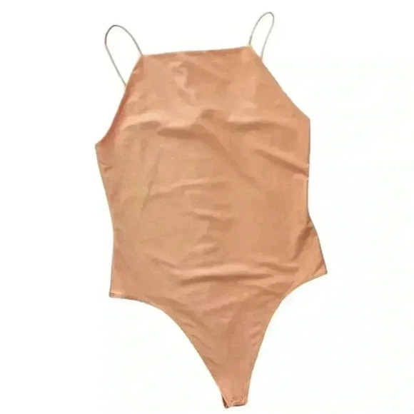 NWT Bar III Peach Silky Halter Spaghetti Strap Thong Snap Bodysuit Size L - Picture 1 of 12
